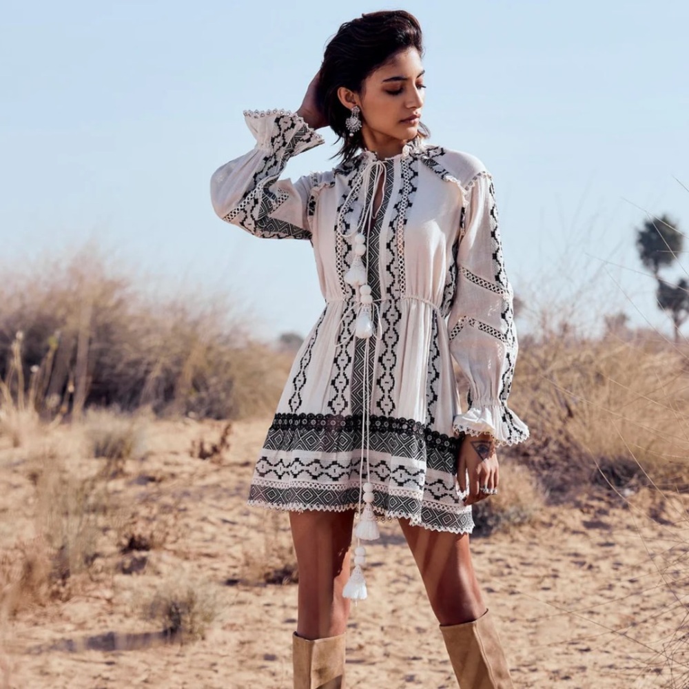 HEMANT & NANDITA White Mini Dress with Black Pattern